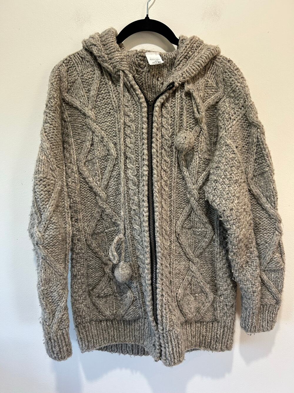 Handcrafts Native Inka 100% wool knit sweater hoodie full zip womens M beige